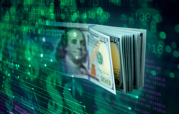 Binary code abstract background with US $100 dollar banknotes. Shallow depth of field.
